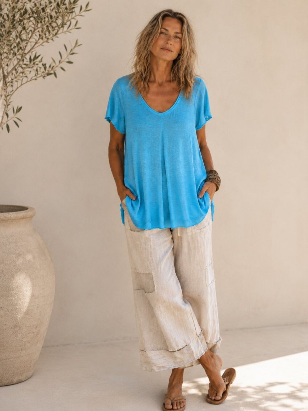CUT LOOSE Linen V-Neck Tunic Top Blue Lagenlook Boho Coastal Chic Beachy Casual